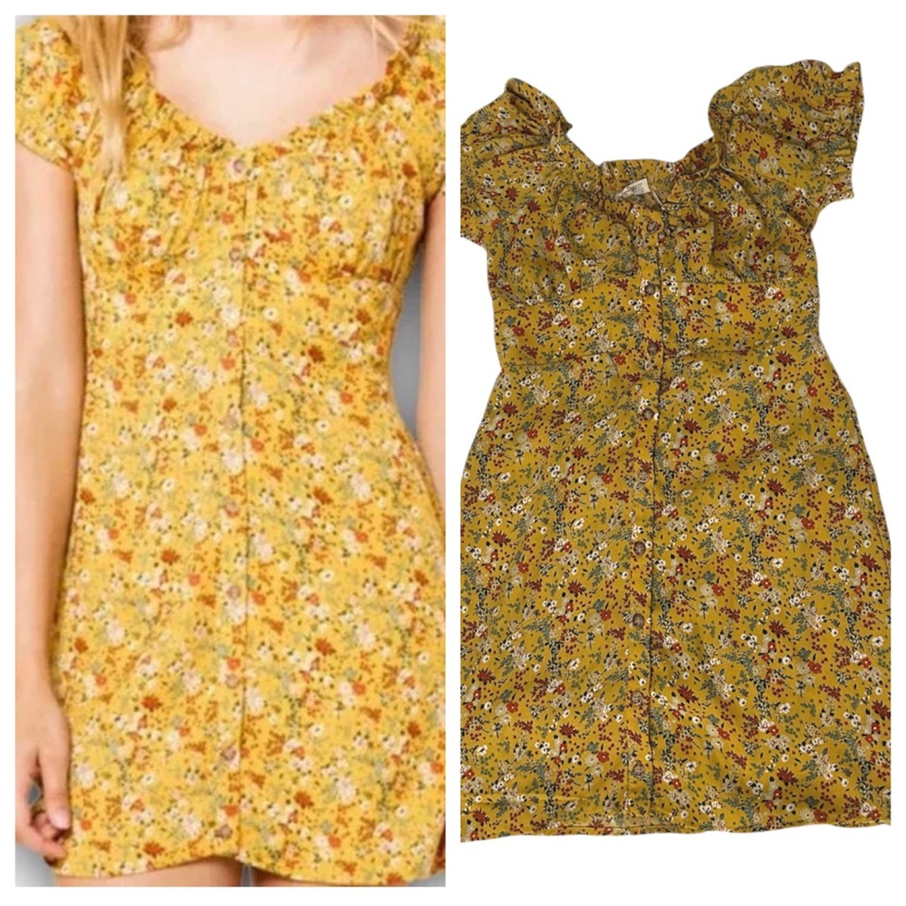 Tillys Sky & Sparrow Ditsy Floral Babydoll Dress XS Mustard Yellow Cottagecore